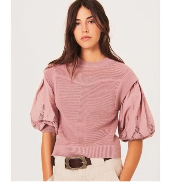 Ba&sh Samoa Pink Embroidered Puff Sleeve Lady Pullover Sweater size Small - Picture 4 of 14